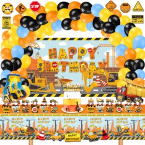 mpanwen construction birthday party supplies, 136 pcs dump truck party decorations for boys baby - backdrop, banner, toppers, balloons, cupcakes wrappers, party traffic signs, tablecloth