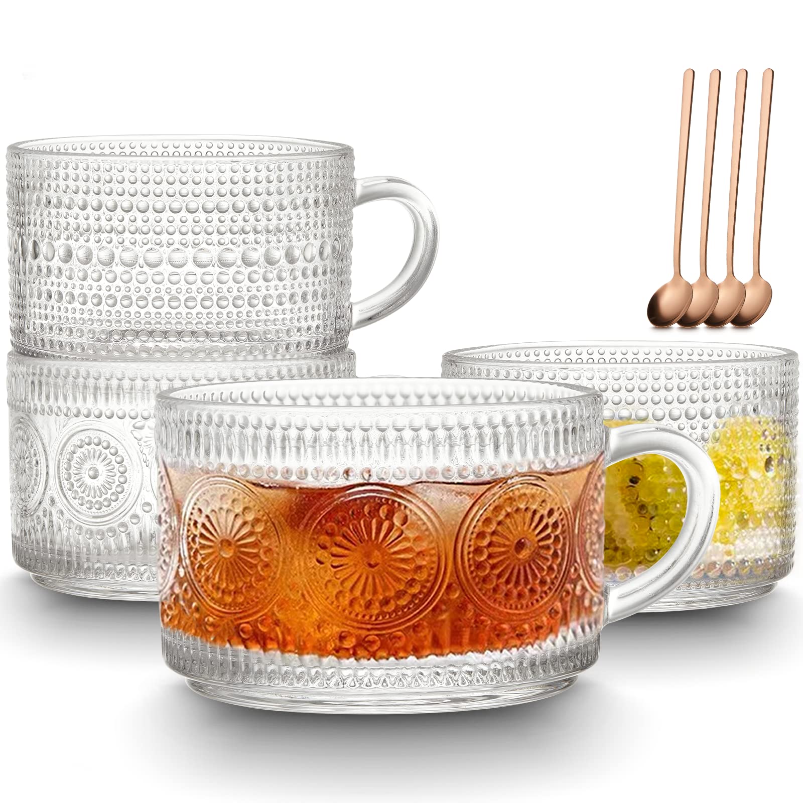 Qipecedm Vintage Coffee Mugs Set of 4,14 oz Glass Coffee Tea Cups with Handle, Clear Embossed Glassware, Glass Mugs, Glass Coffee Cups for Latte, Cereal, Yogurt, Milk, Beverage Hot/Cold