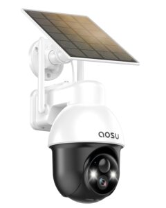 aosu solar security camera wireless outdoor with panoramic ptz, human auto tracking, 2k night vision, light and sound alarm, 2-way audio, compatible with alexa/google assistant