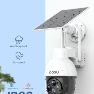 AOSU Solar Security Camera Wireless Outdoor with Panoramic PTZ, Human Auto Tracking, 2K Night Vision, Light and Sound Alarm, 2-Way Audio, Compatible with Alexa/Google Assistant