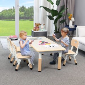 Arlopu Big Kids Study Table and 4 Chair Set, Height Adjustable Toddler Table and Chair Set for 4, Multifunctional Toddler Table, Reading, Drawing, Eating Interaction (Beige)