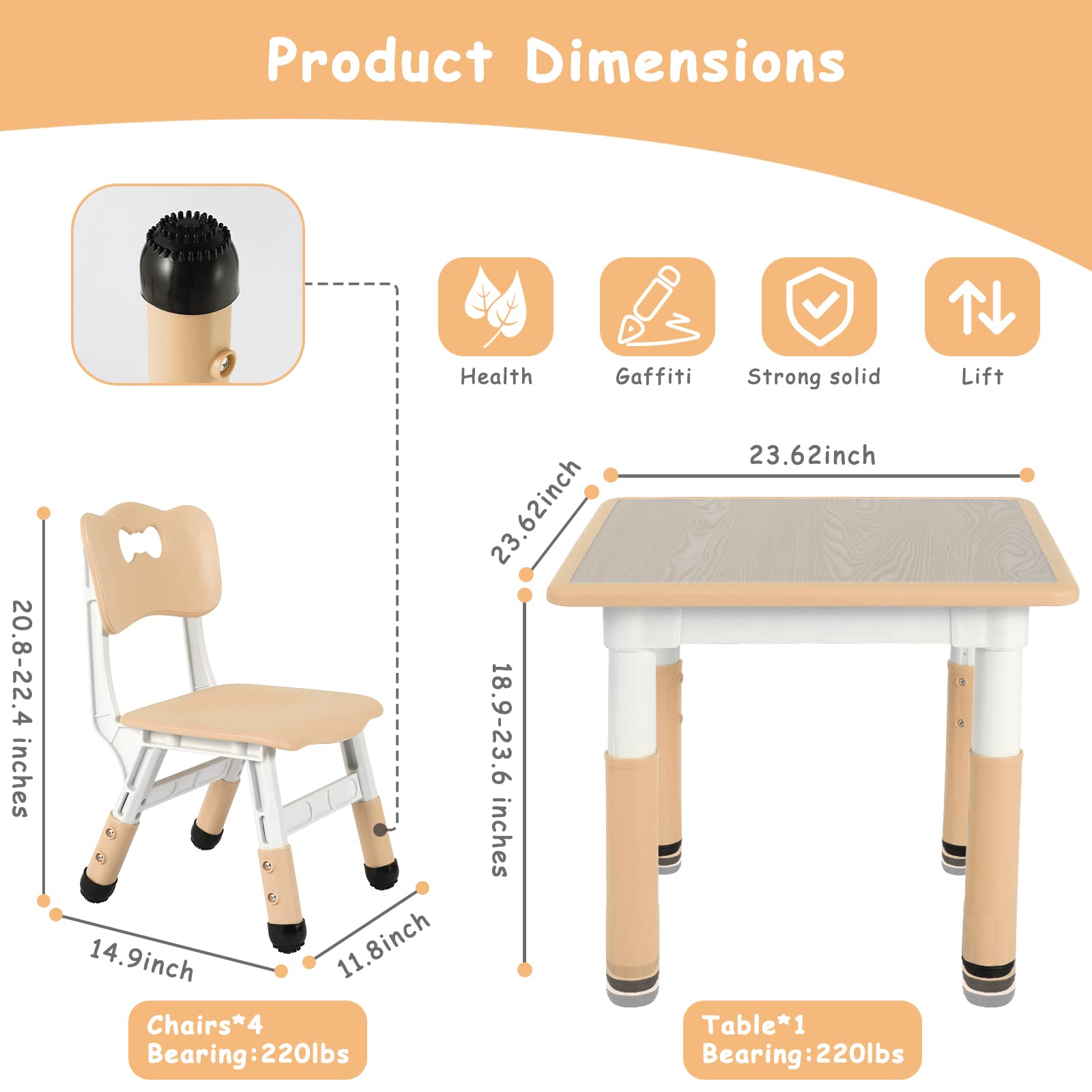 Arlopu Big Kids Study Table and 4 Chair Set, Height Adjustable Toddler Table and Chair Set for 4, Multifunctional Toddler Table, Reading, Drawing, Eating Interaction (Beige)