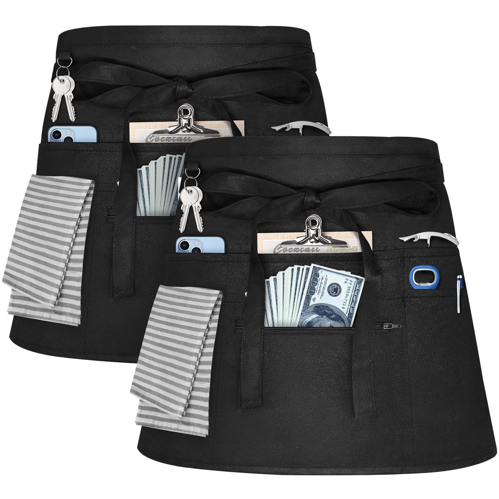 NLUS 2 Pack Waitress Apron with 8 Pockets, Server Aprons, Water Resistant Waiter Waist Aprons Half Apron