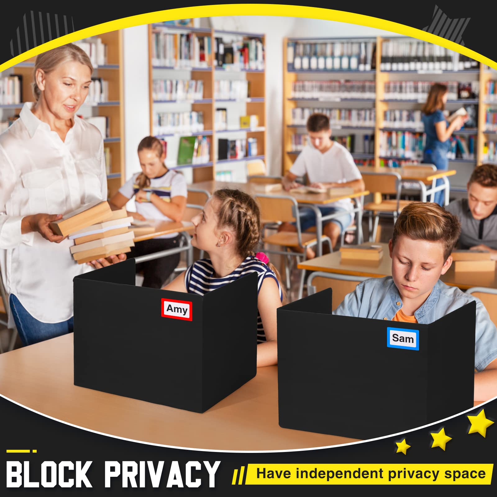 Classroom Privacy Boards for Student Desks Plastic Folders Shields Test Dividers with 40 Pieces Colorful Name Labels for School Study Reduces Distractions 14 x 17.3 x 14 Inch, Black (30 Pieces)