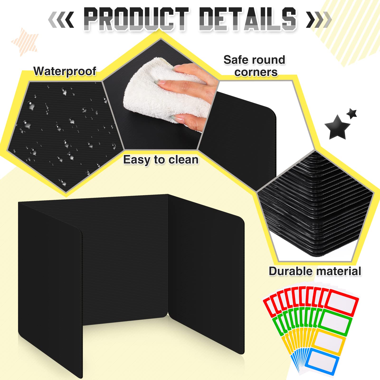 Classroom Privacy Boards for Student Desks Plastic Folders Shields Test Dividers with 40 Pieces Colorful Name Labels for School Study Reduces Distractions 14 x 17.3 x 14 Inch, Black (30 Pieces)