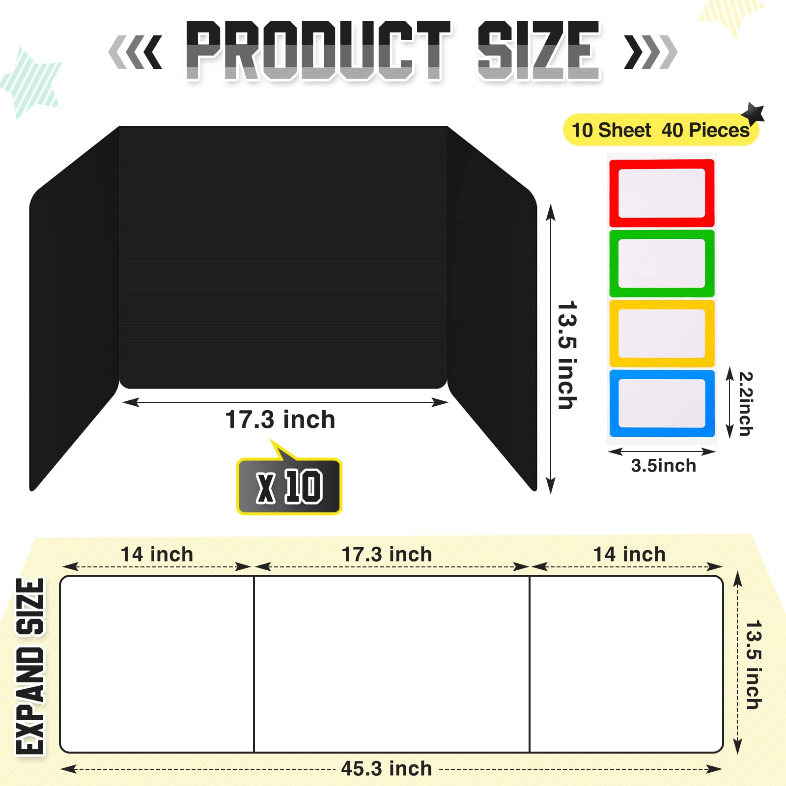 Classroom Privacy Boards for Student Desks Plastic Folders Shields Test Dividers with 40 Pieces Colorful Name Labels for School Study Reduces Distractions 14 x 17.3 x 14 Inch, Black (30 Pieces)