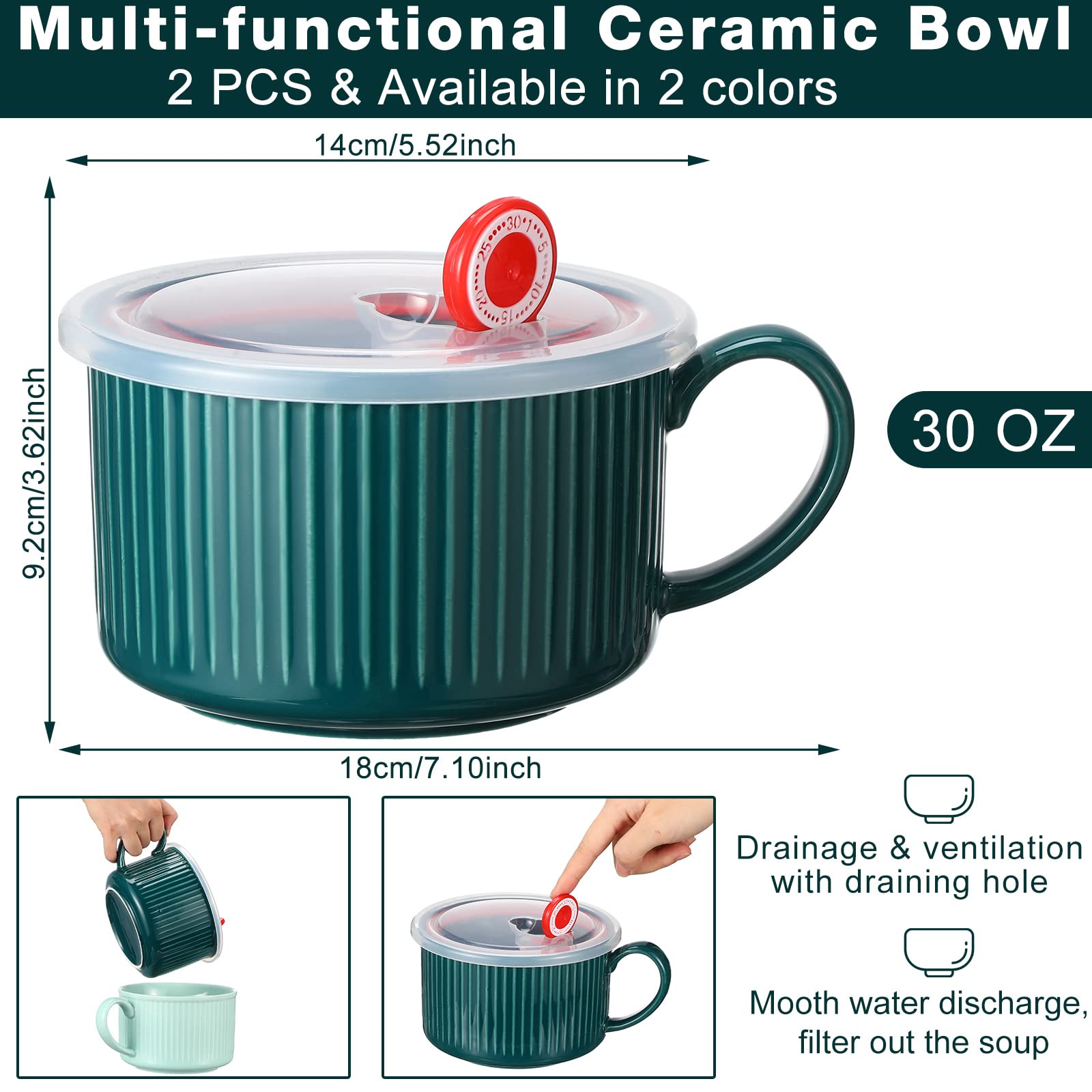 2 Pieces Ceramic Soup Bowls with Handles 30 oz Microwave Safe Bowl with Lid Microwavable Soup Mug with Lid Large Soup Cups for Ramen Noodle Cereal (Blue, Dark Green)