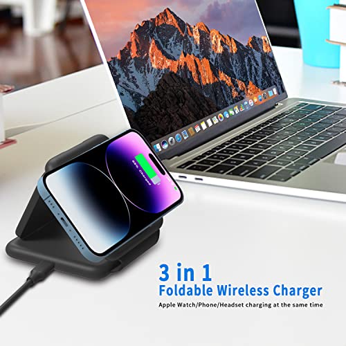 PEAPOLET Wireless Charger 3 in 1,Wireless Foldable Charging Station,Magnetic Fast Wireless Charging Pad Compatible with iPhone 15/14/13/12 Pro Max,Apple Watch,AirPods,Adapters not Included (Black)