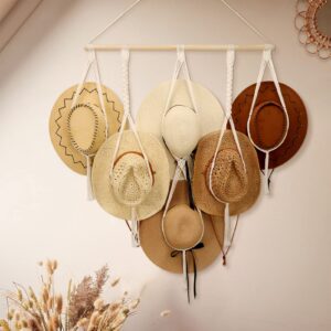 ZYP Macrame Hat Hangers Boho Hat Rack for Wall Hat Holder Display Organizer Bobo Hanging Hat Organizer Storage for Wide Brim Hats