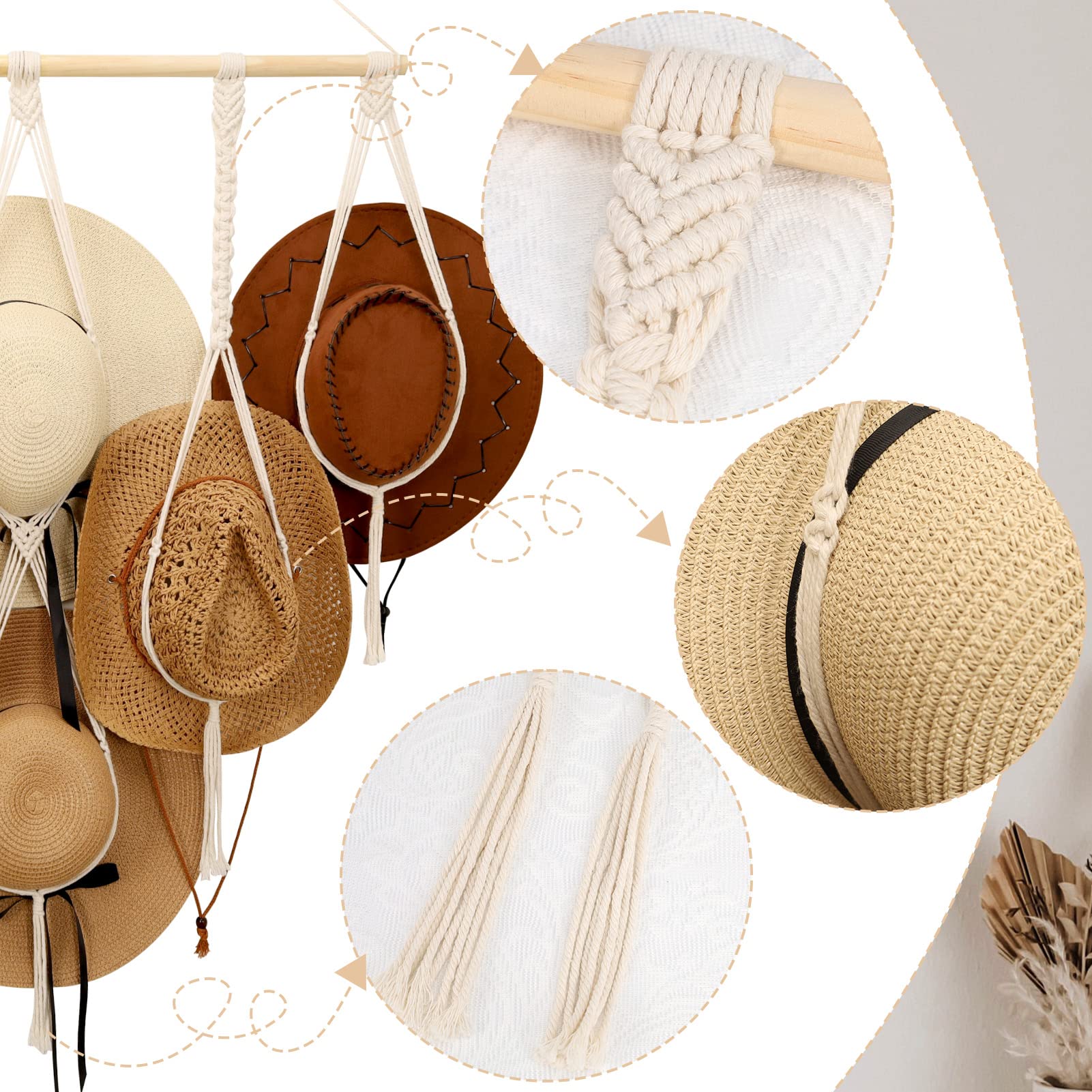 ZYP Macrame Hat Hangers Boho Hat Rack for Wall Hat Holder Display Organizer Bobo Hanging Hat Organizer Storage for Wide Brim Hats