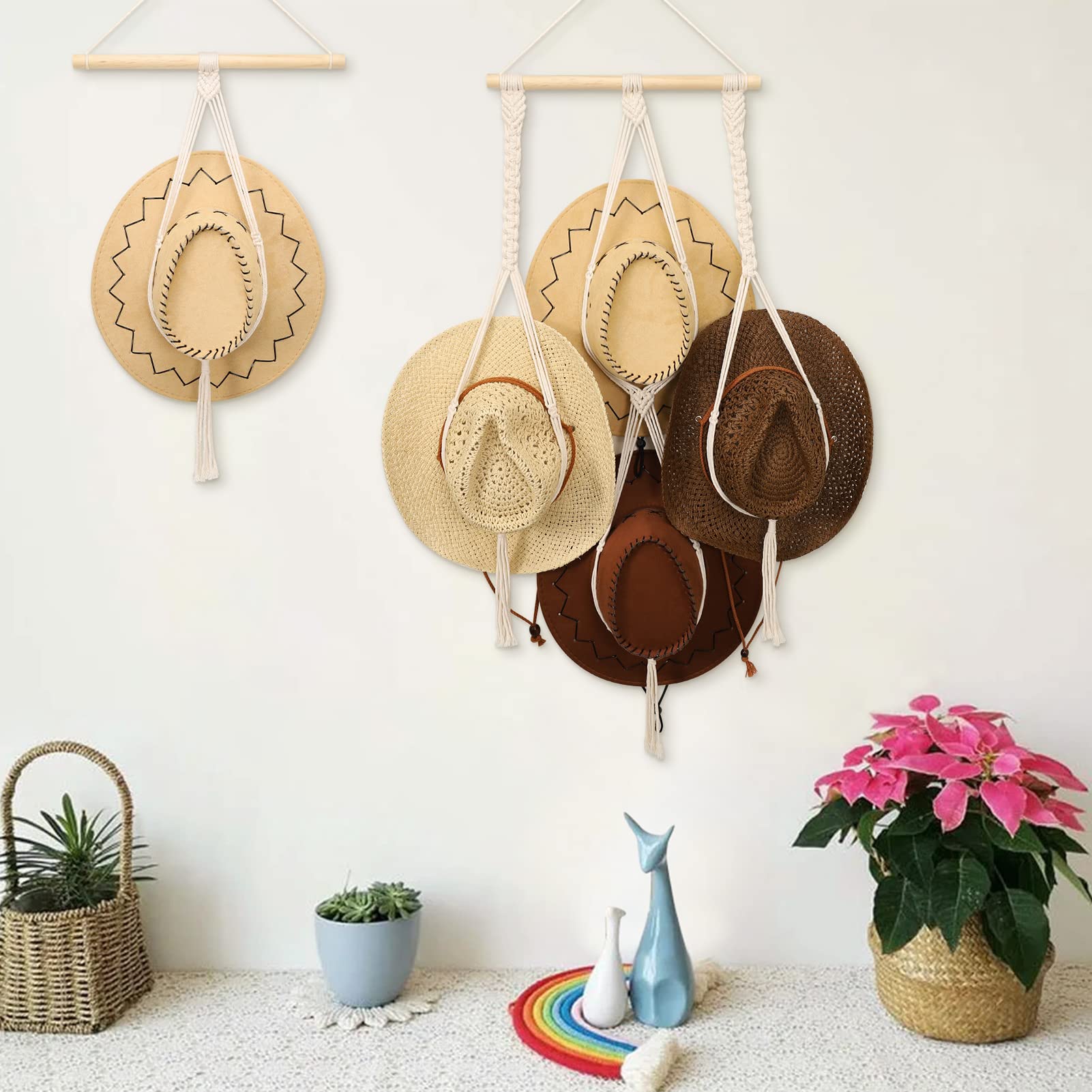 ZYP Macrame Hat Hangers Boho Hat Rack for Wall Hat Holder Display Organizer Bobo Hanging Hat Organizer Storage for Wide Brim Hats