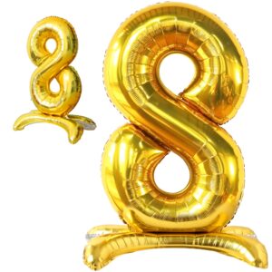 katchon, gold 40 inch self standing number 8 balloon. reusable, helium supported. ideal for 8th birthday decorations for girls