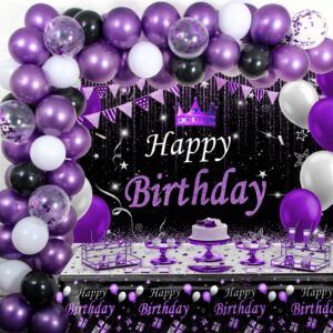 purple and black party decorations for women, purple birthday decorations for girls men with purple black happy birthday backdrop tablecloth confetti balloons arch, purple party supplies
