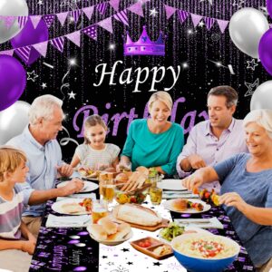 Purple and Black Party Decorations for Women, Purple Birthday Decorations for Girls Men with Purple Black Happy Birthday Backdrop Tablecloth Confetti Balloons Arch, Purple Party Supplies