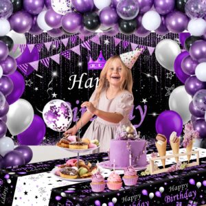 Purple and Black Party Decorations for Women, Purple Birthday Decorations for Girls Men with Purple Black Happy Birthday Backdrop Tablecloth Confetti Balloons Arch, Purple Party Supplies