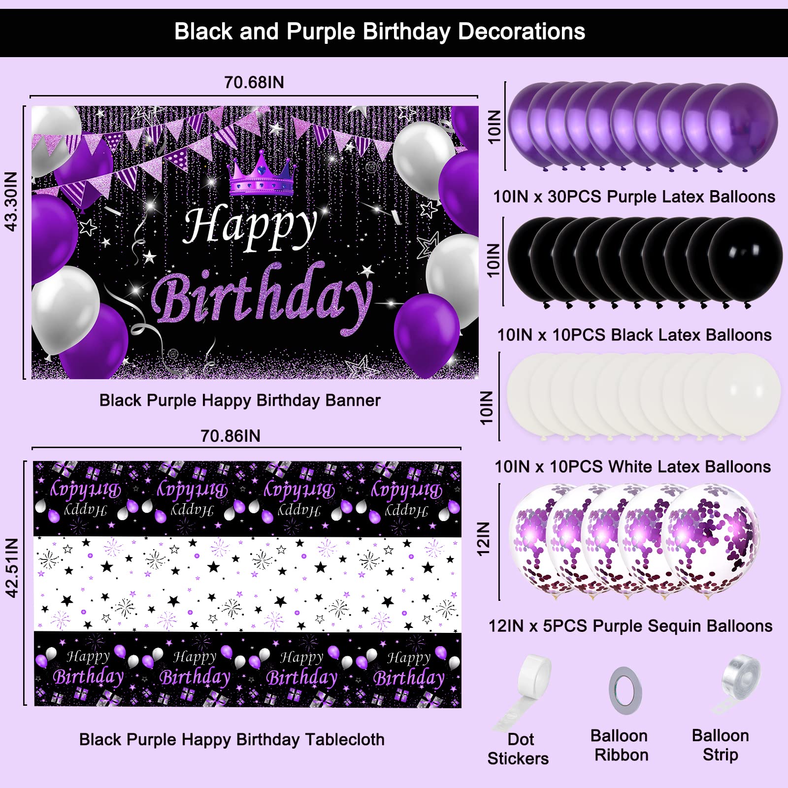Purple and Black Party Decorations for Women, Purple Birthday Decorations for Girls Men with Purple Black Happy Birthday Backdrop Tablecloth Confetti Balloons Arch, Purple Party Supplies