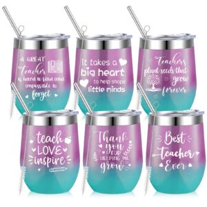 6 Pcs Thank You Teacher Gifts for Women Teacher Appreciation Gifts Stainless Steel Teacher Tumbler with Straw and Lid 12 oz Insulated Teacher Mug Birthday Gifts for Teacher(Gradient)