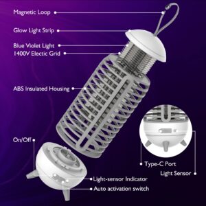 Bug Zapper with Auto Light Sensor, Cordless & Rechargeable Mosquito Zapper Indoor Outdoor, 2 in 1 Lighting and Zapping, High Powered UV Light Fly Trap 360 Degree Mosquito Killer.