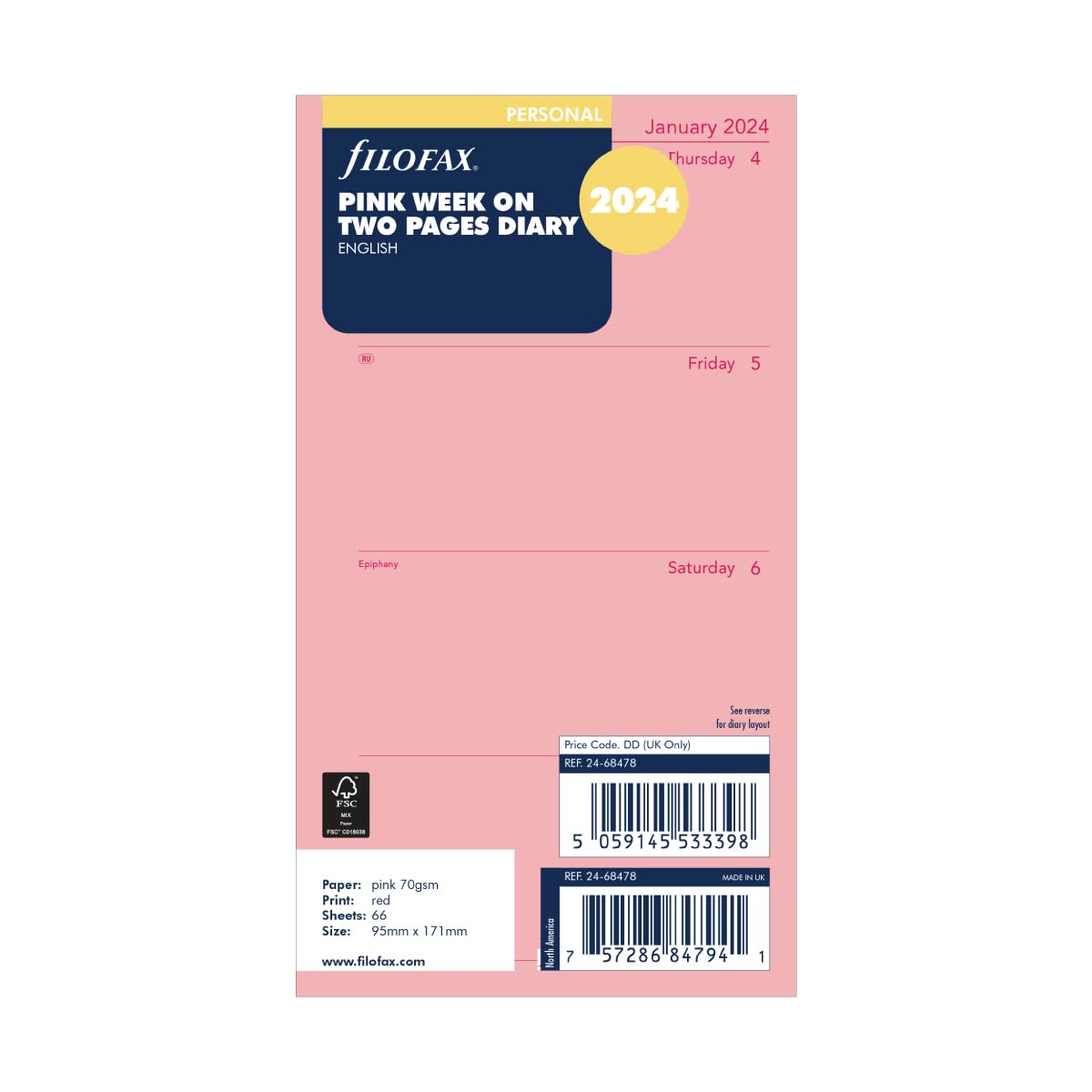 Filofax Personal week on two pages English 2024 diary - pink