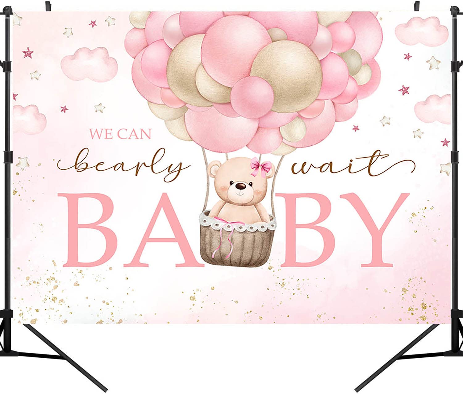 MAYSSKQ Girl Bear Baby Shower Backdrop Hot Air Balloon Bear Theme Baby Shower Photo Background We Can Bearly Wait Gold Dots Party Decorations Supplies (Pink, 7x5ft)