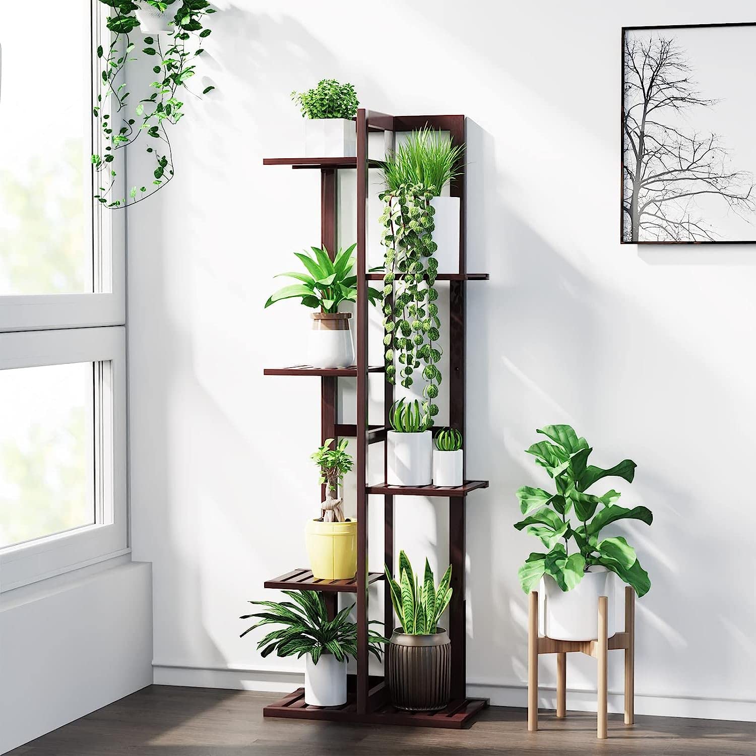 Plant Stands for Indoor Multiple, 6 Tier 7 Potted Plant Shelf, 47 Inch Tall Corner Plant Holder for Living Room, Bamboo Plant Display Rack Adjustable for House Balcony