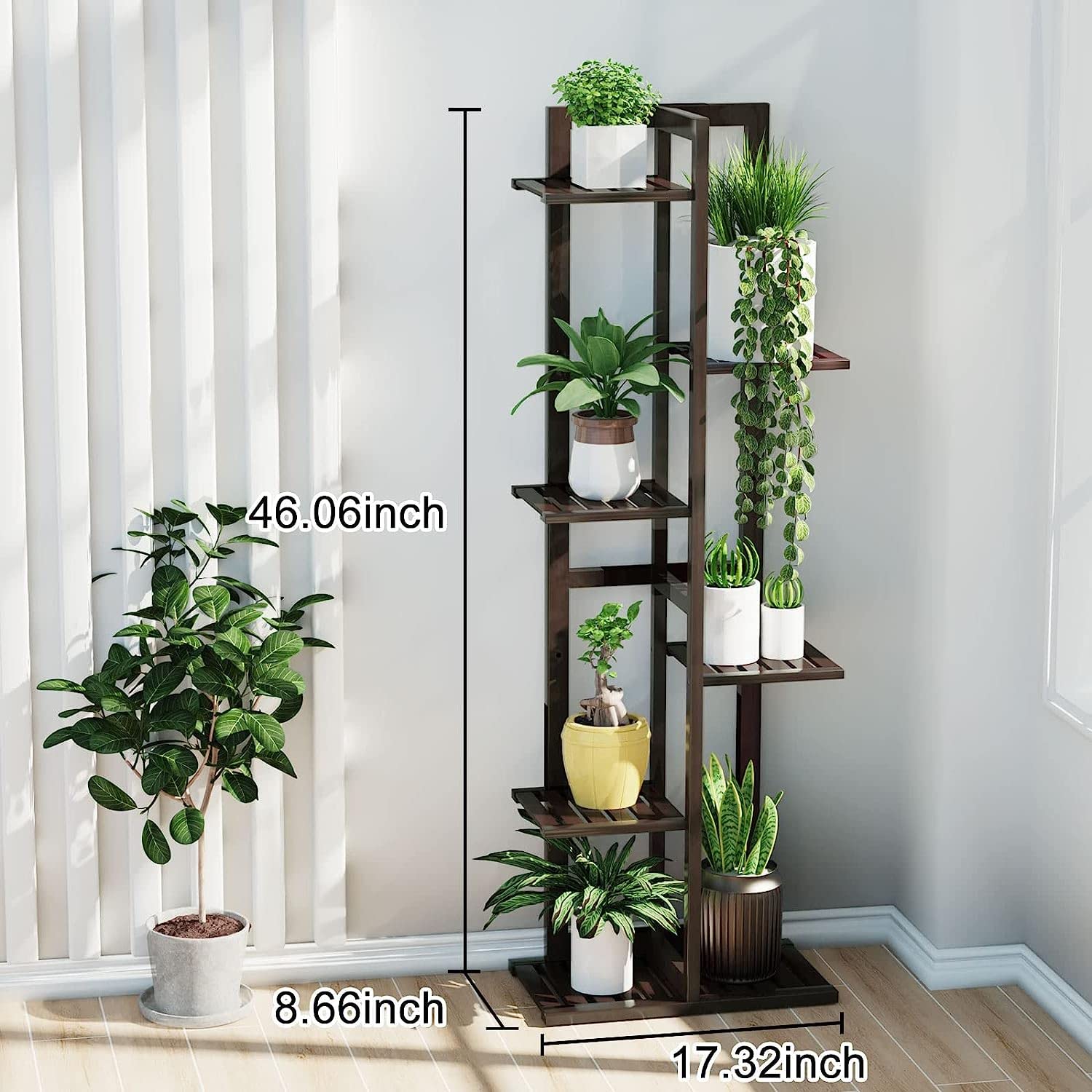 Plant Stands for Indoor Multiple, 6 Tier 7 Potted Plant Shelf, 47 Inch Tall Corner Plant Holder for Living Room, Bamboo Plant Display Rack Adjustable for House Balcony