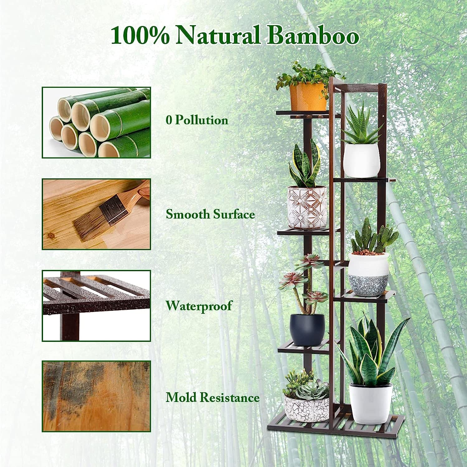 Plant Stands for Indoor Multiple, 6 Tier 7 Potted Plant Shelf, 47 Inch Tall Corner Plant Holder for Living Room, Bamboo Plant Display Rack Adjustable for House Balcony