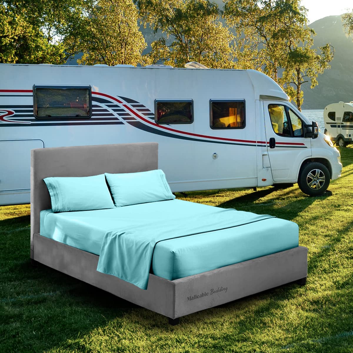 4 PCs RV Sheet Set, 30x80 Bunk, RV Bed Sheets for Campers, RV's & Travel Trailers/Cot Size/Guest Bed Fit Mattress up to 10" deep Motorhome RV Camping Sheet Aqua Blue, Cotton Cot Sheet