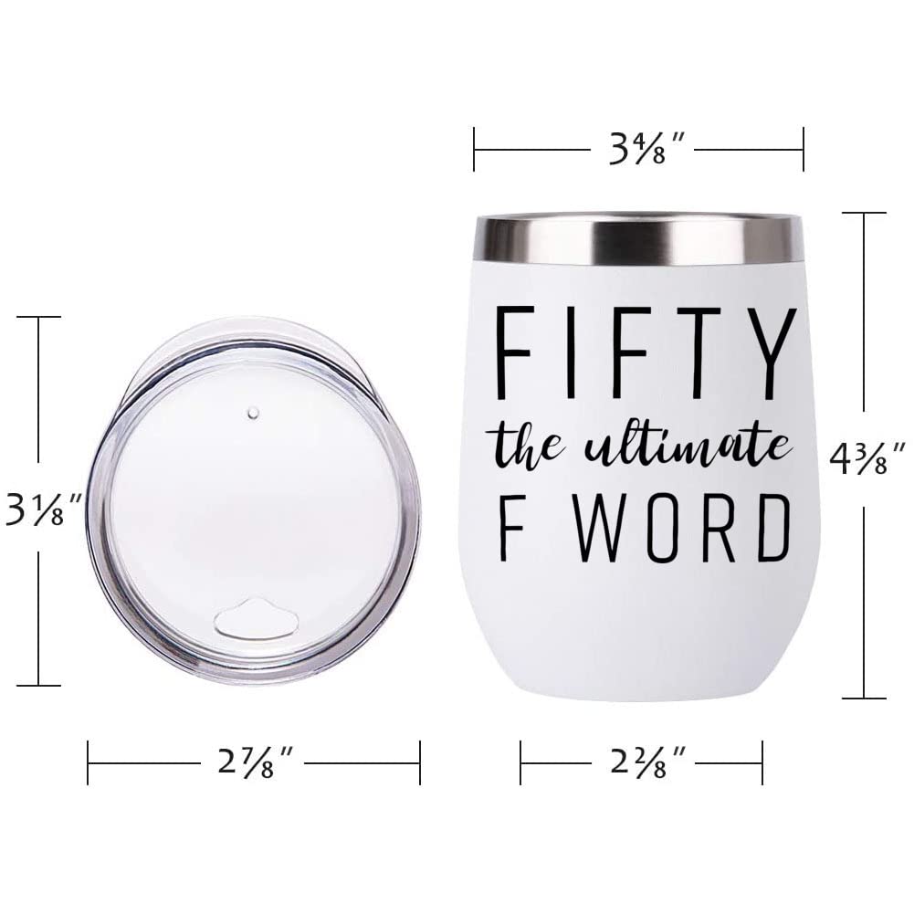 KAIRA Funny Gift,Funny Tumblers,50th Birthday Gifts for Her Women Fifty The Ultimate F Word 12oz Wine Tumbler (White)