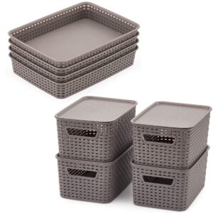 ezoware set of 8 gray plastic woven knit baskets, storage organizer bins boxes tray for office, classroom, desktop, drawer and more