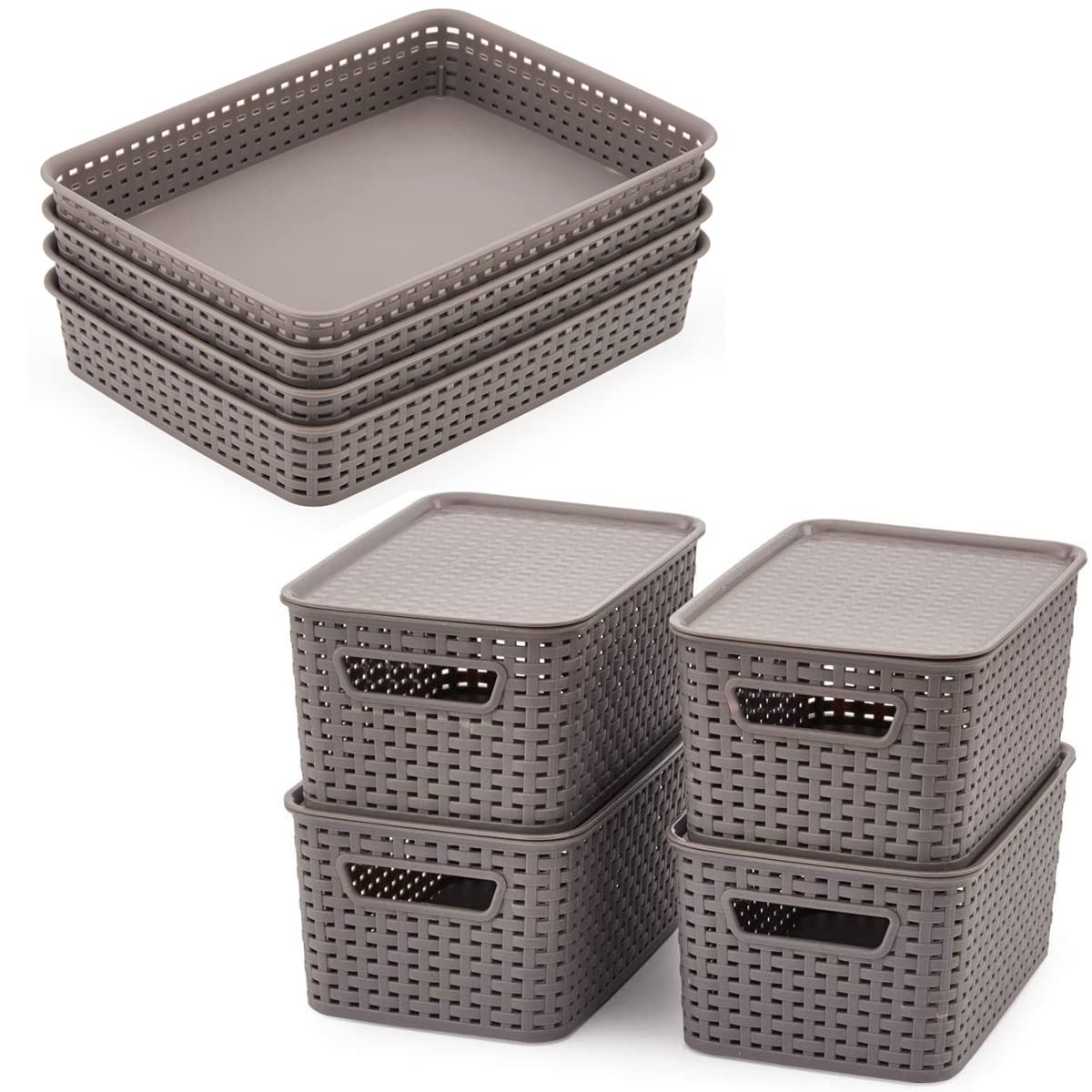 EZOWare Set of 8 Gray Plastic Woven Knit Baskets, Storage Organizer Bins Boxes Tray For Office, Classroom, Desktop, Drawer and More