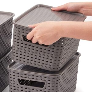 EZOWare Set of 8 Gray Plastic Woven Knit Baskets, Storage Organizer Bins Boxes Tray For Office, Classroom, Desktop, Drawer and More