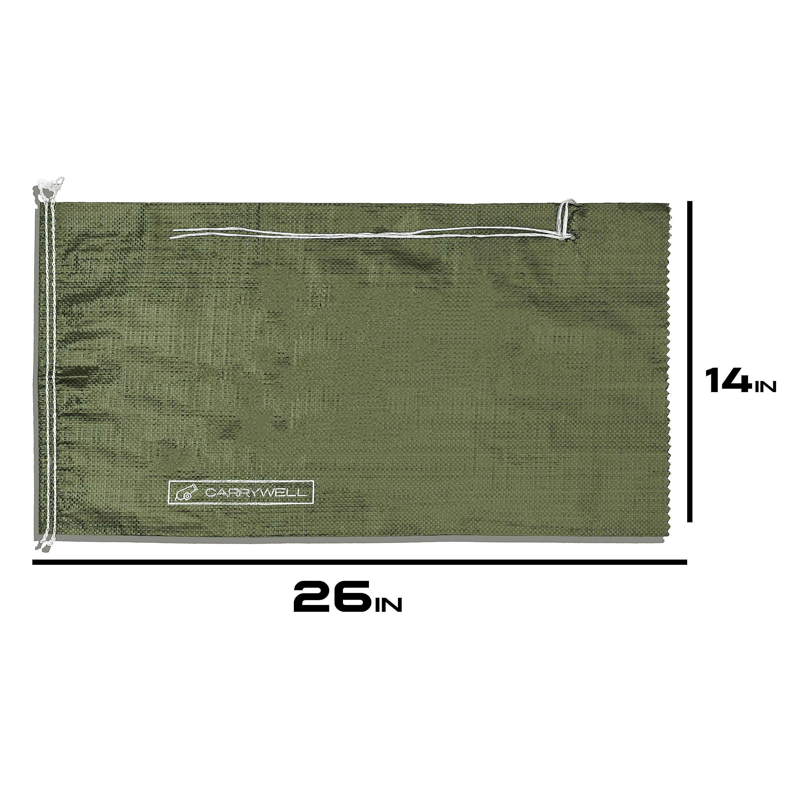 Carrywell (Not Made in China) Heavy Duty Sand Bags for Flooding, 14in x 26in with Tie Strings, Flood Water Barrier, UV Protection Sandbags for 1600 Hours (10 Bags, Green)