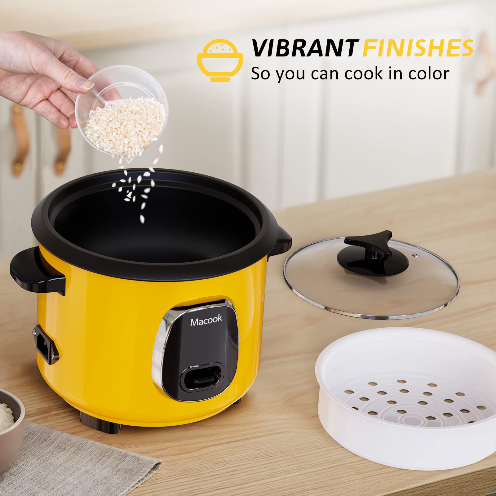 Rice Cooker Small 6 Cups Cooked (3 Cups Uncooked), 1.5L Mini Rice Cooker with Steamer For 1-3 people, Removable Nonstick Pot, Keep Warm Function, Rice Maker for Soup Stew Oatmeal Veggie Hot Pot, Yellow