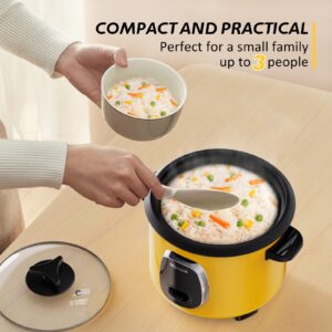 Rice Cooker Small 6 Cups Cooked (3 Cups Uncooked), 1.5L Mini Rice Cooker with Steamer For 1-3 people, Removable Nonstick Pot, Keep Warm Function, Rice Maker for Soup Stew Oatmeal Veggie Hot Pot, Yellow