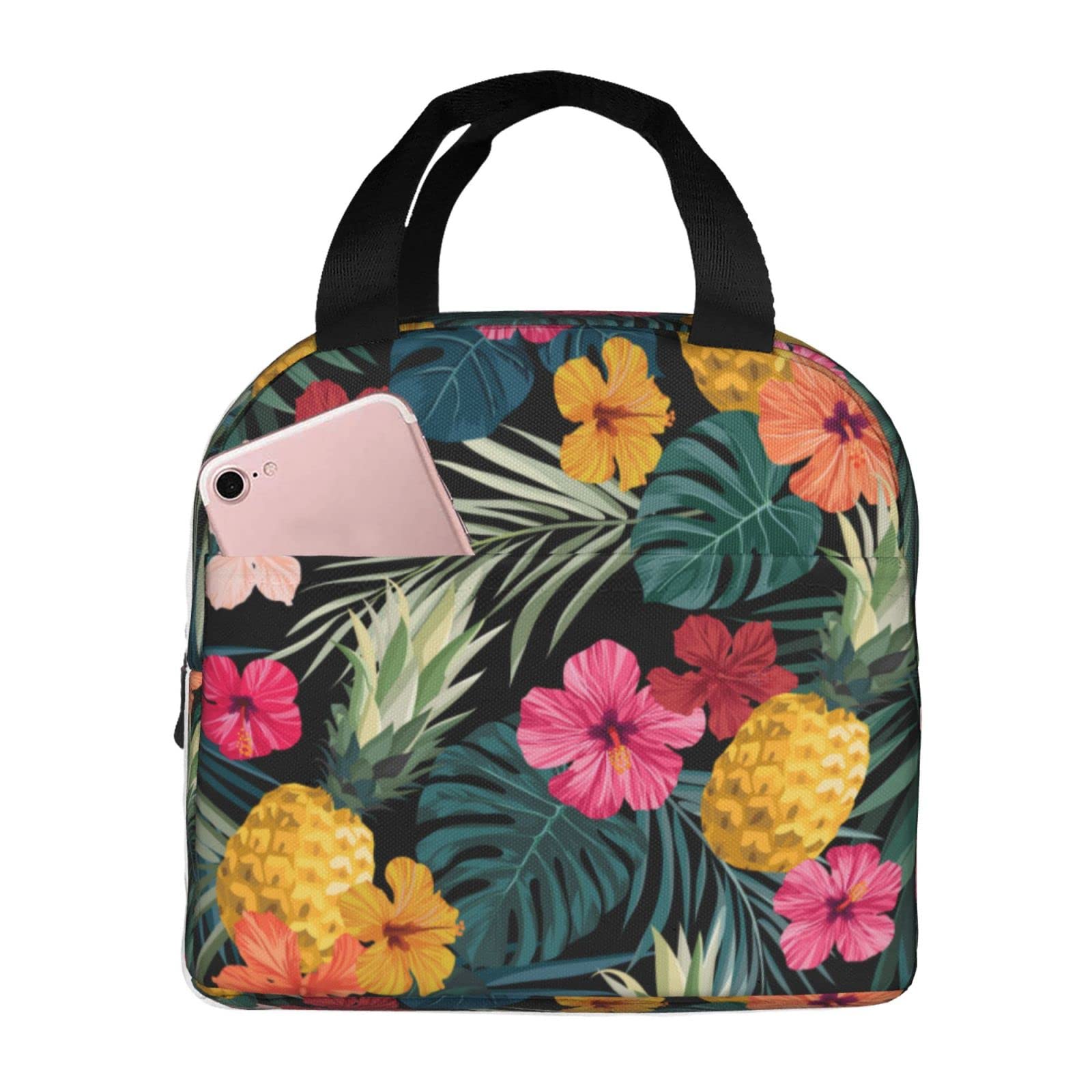 Fiokroo Lunch Bag Insulated Palm Leaves Hibiscus Flowers Lunch Box Tropical Pineapples Fruit Reusable Lunch Tote Bag For School Work College Outdoor Travel Picnic, 6l