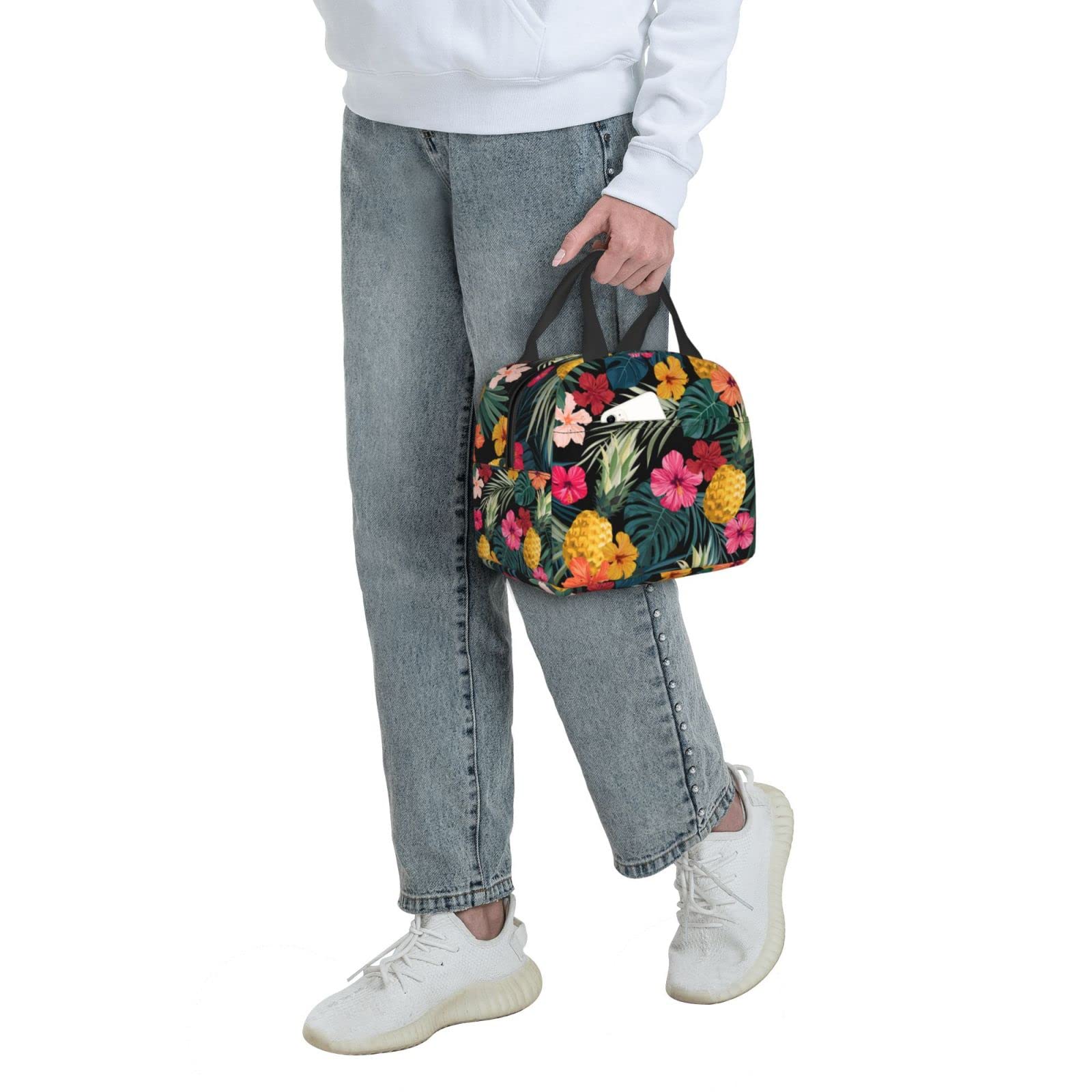 Fiokroo Lunch Bag Insulated Palm Leaves Hibiscus Flowers Lunch Box Tropical Pineapples Fruit Reusable Lunch Tote Bag For School Work College Outdoor Travel Picnic, 6l