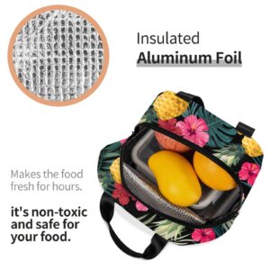 Fiokroo Lunch Bag Insulated Palm Leaves Hibiscus Flowers Lunch Box Tropical Pineapples Fruit Reusable Lunch Tote Bag For School Work College Outdoor Travel Picnic, 6l