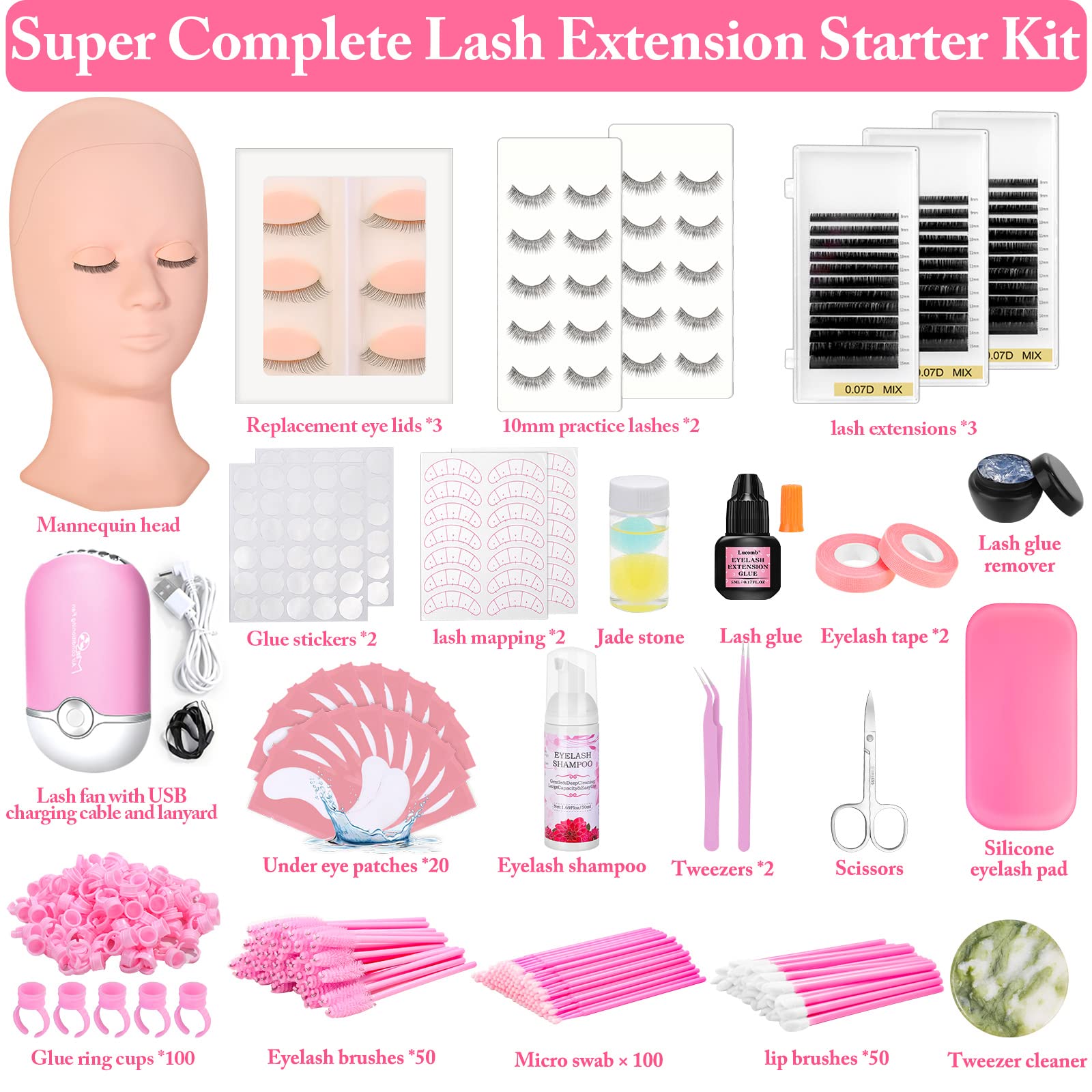 Eye Lash Extension Kit for Practice, 345 PCS Lash Kits with Replaced Eyelids Mannequin Head, Individual Lashes, Lash Extension Glue Tools Everything for Eyelash Extension Beginners Training Makeup