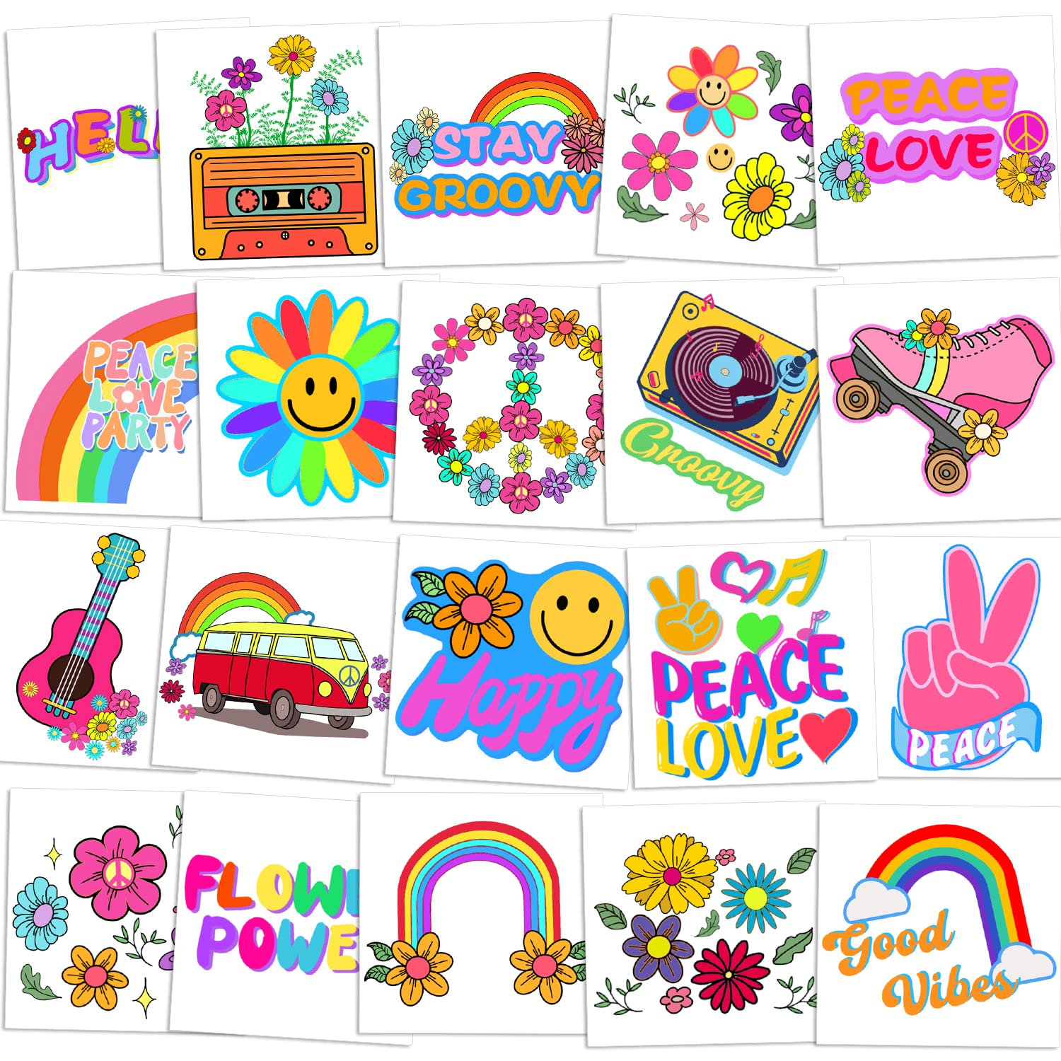 Zayvor 60pieces Groovy 70s Temporary Tattoos Individually Bulk,Flower Power Daisy Floral Groovy Birthday Party,Good Vibes Rainbow Favors Goodie Bag Halloween Makeup Costume