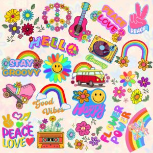 Zayvor 60pieces Groovy 70s Temporary Tattoos Individually Bulk,Flower Power Daisy Floral Groovy Birthday Party,Good Vibes Rainbow Favors Goodie Bag Halloween Makeup Costume