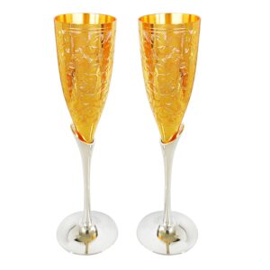 hygge royal handmade engraved gold-plated brass champagne toasting flutes set of 2 wine glasses goblets for wedding christmas housewarming gifts home décor with presentation velvet box