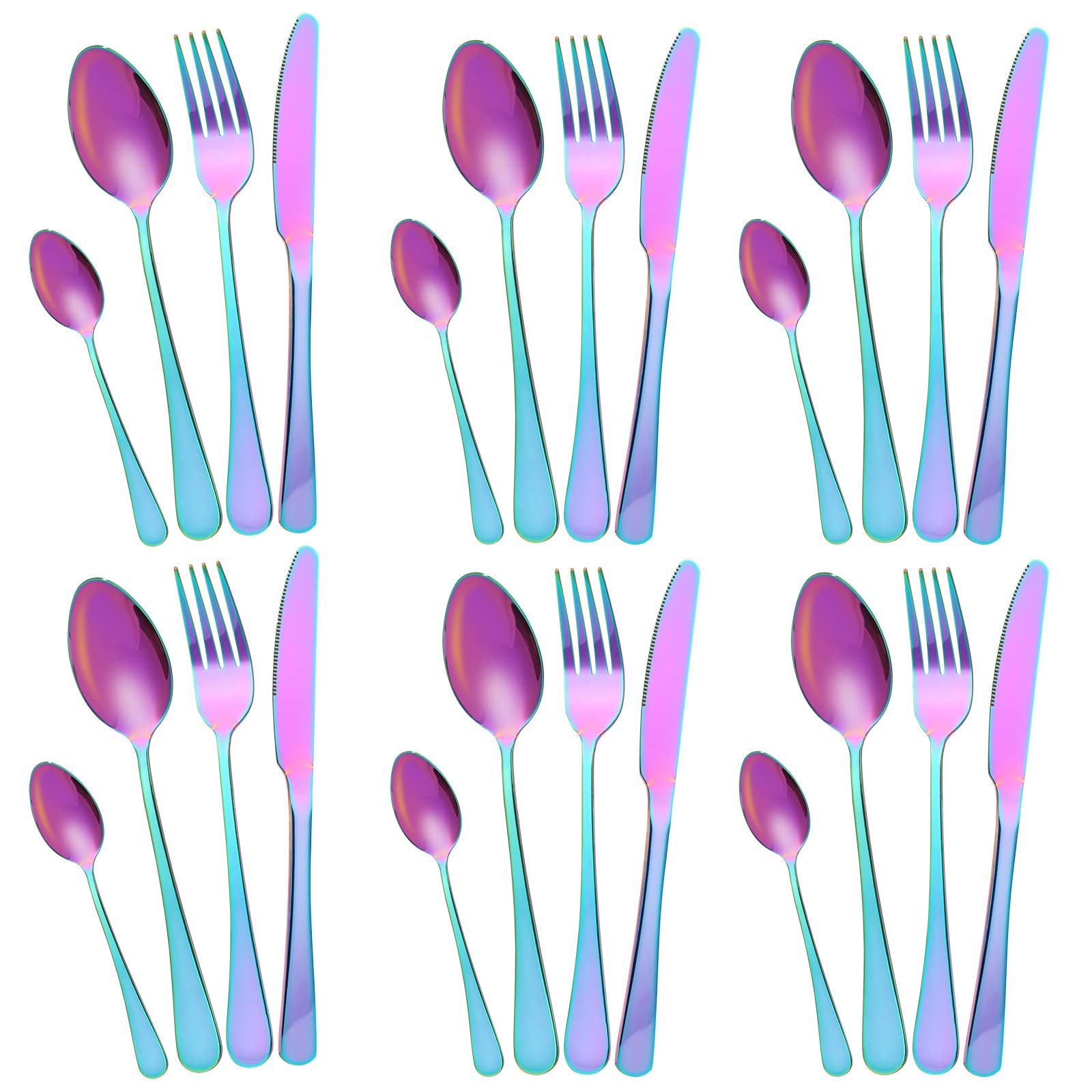 Senhuok Cutlery Flatware Set 24 Piece Rainbow Silverware Kitchen Utensil Set Stainless Steel Tableware Dinnerware Sets Knife Fork Spoon, Service for 6 Home Restaurant Party Food Flatware Set-Colorful