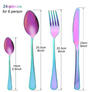 Senhuok Cutlery Flatware Set 24 Piece Rainbow Silverware Kitchen Utensil Set Stainless Steel Tableware Dinnerware Sets Knife Fork Spoon, Service for 6 Home Restaurant Party Food Flatware Set-Colorful