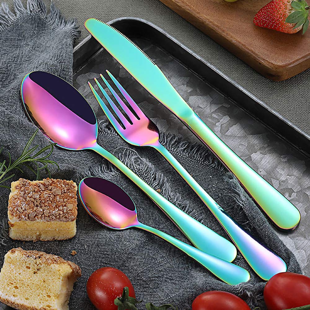 Senhuok Cutlery Flatware Set 24 Piece Rainbow Silverware Kitchen Utensil Set Stainless Steel Tableware Dinnerware Sets Knife Fork Spoon, Service for 6 Home Restaurant Party Food Flatware Set-Colorful