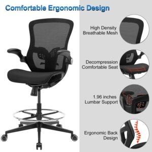 Office Drafting Chair,Ergonomic Tall Office Desk Chair,Adjustable Standing Desk Stool Chair,Executive Computer Chair with Footrest Ring and Lumbar Support (Black)