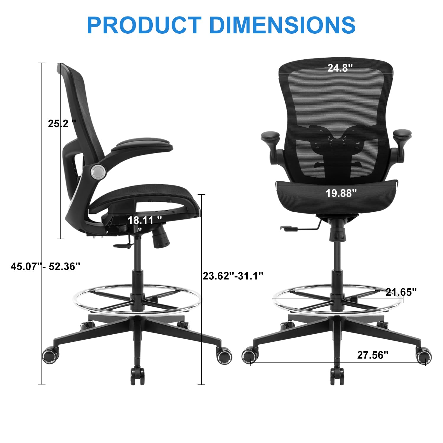 Office Drafting Chair,Ergonomic Tall Office Desk Chair,Adjustable Standing Desk Stool Chair,Executive Computer Chair with Footrest Ring and Lumbar Support (Black)