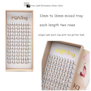 FQNing Glitter Lash Extensions Silver Colored Single Lash Spike Eyelash Extension for Daily Party Wedding 11mm-16mm Mixed(Silver)