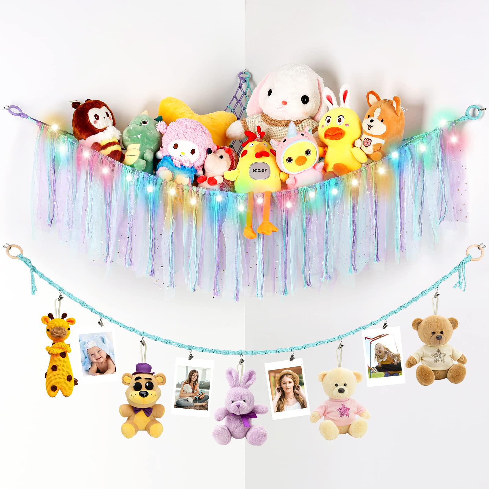 HOOMTREE Stuffed Animal Storage Hammock & Chain, Stuffed Animal Net with Tassels & Lights, Corner Hanging Toy Hammock for Stuffed Animals Plushie Squishmallow, Ideal for Kids Bedroom