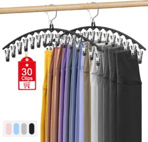 upgrade skirt pants hangers with clips, legging organizer for closet hanging with 15 cilps holds 30 leggings/shorts/jeans/skirts pants hangers space saving closet organizers and storage, black 2pack